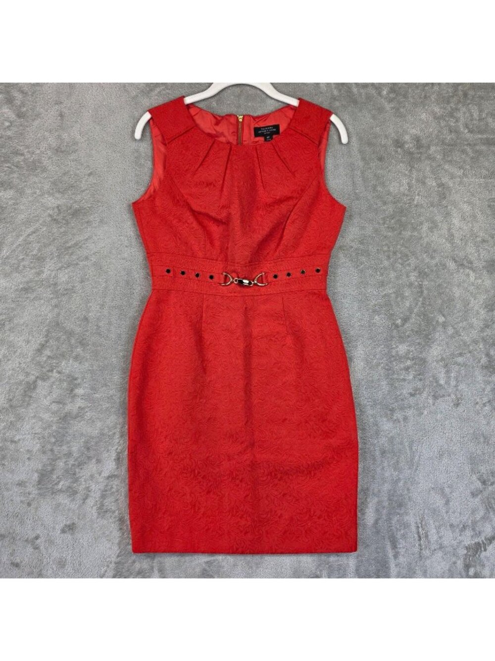 Tahari Arthur S. Levine Dress Womens 4P Petite Red Floral Jacquard Belted Sheath